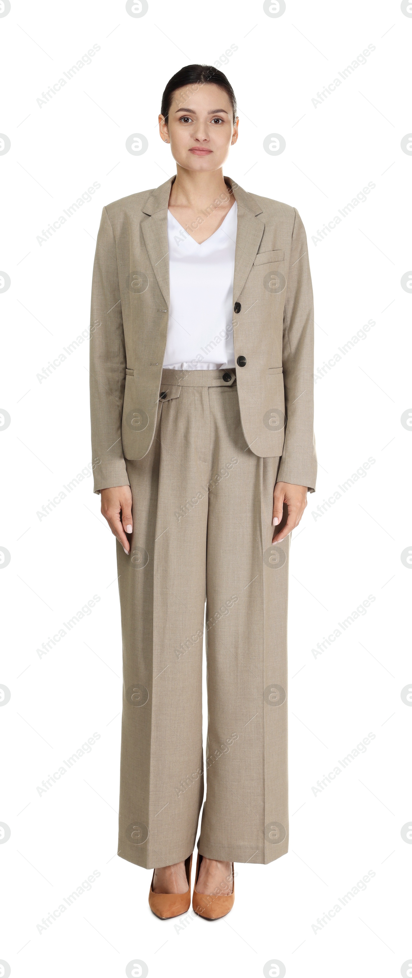 Photo of Confident business woman in suit on white background