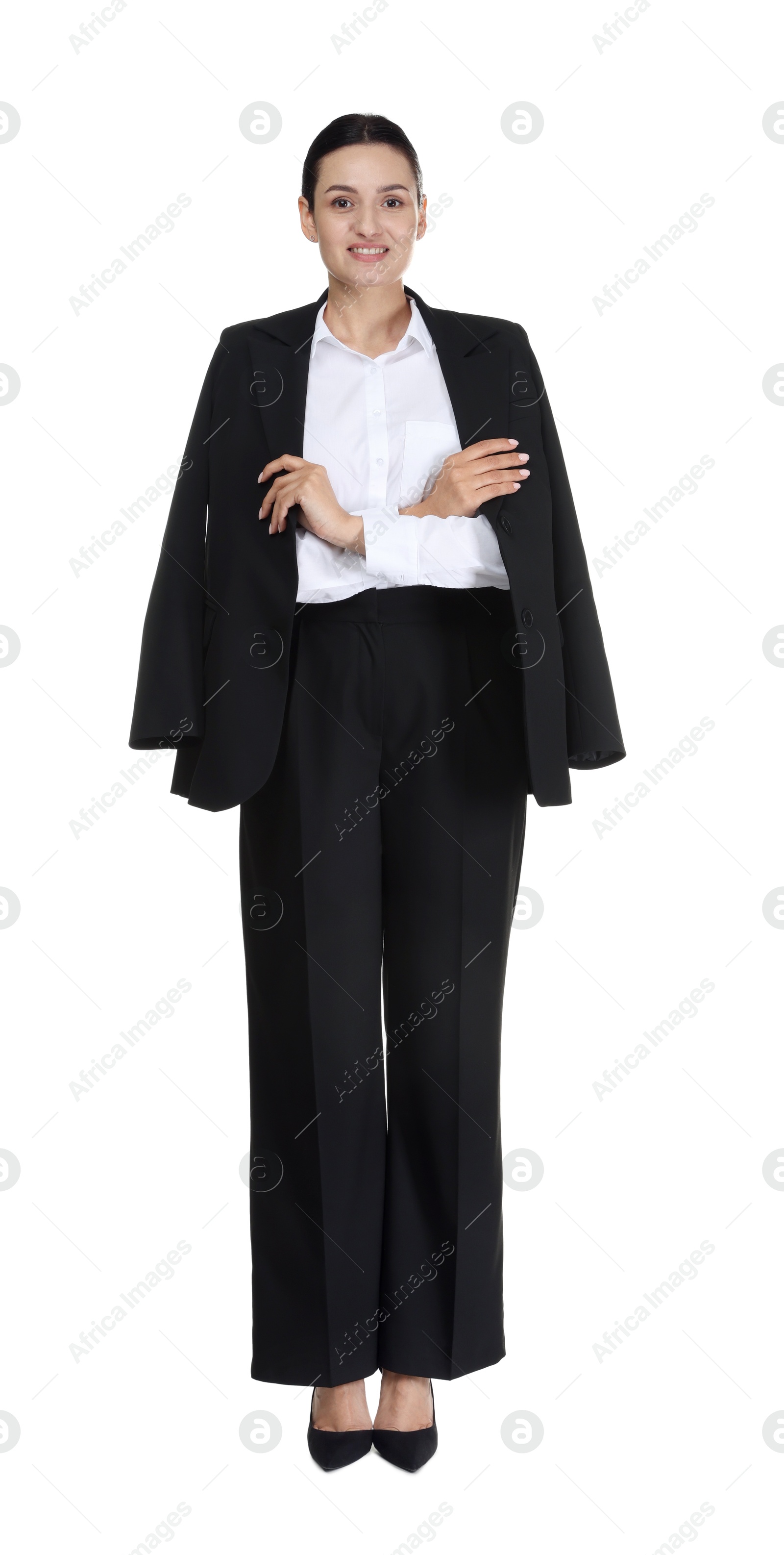 Photo of Confident business woman in suit on white background