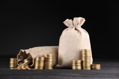 Photo of Bags and stacked coins on dark background
