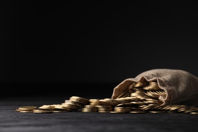 Photo of Bag and coins on dark background, space for text