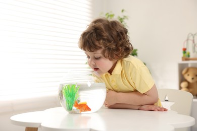 Photo of Little boy with goldfish in aquarium on table at home. Space for text