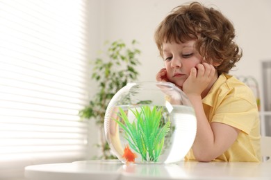 Photo of Little boy with goldfish in aquarium making wish at home. Space for text