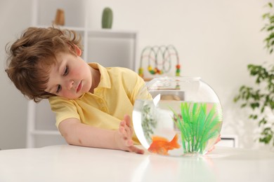 Photo of Little boy with goldfish in aquarium on table at home