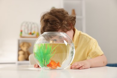 Photo of Little boy with goldfish in aquarium on table at home