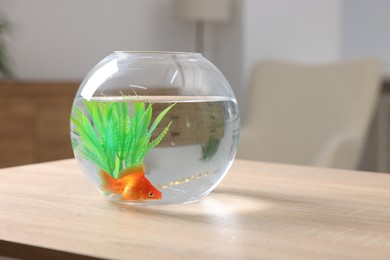 Photo of Goldfish in aquarium on wooden table indoors