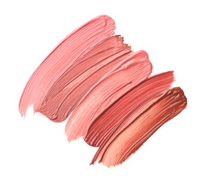 Photo of Colorful lip glosses isolated on white, top view