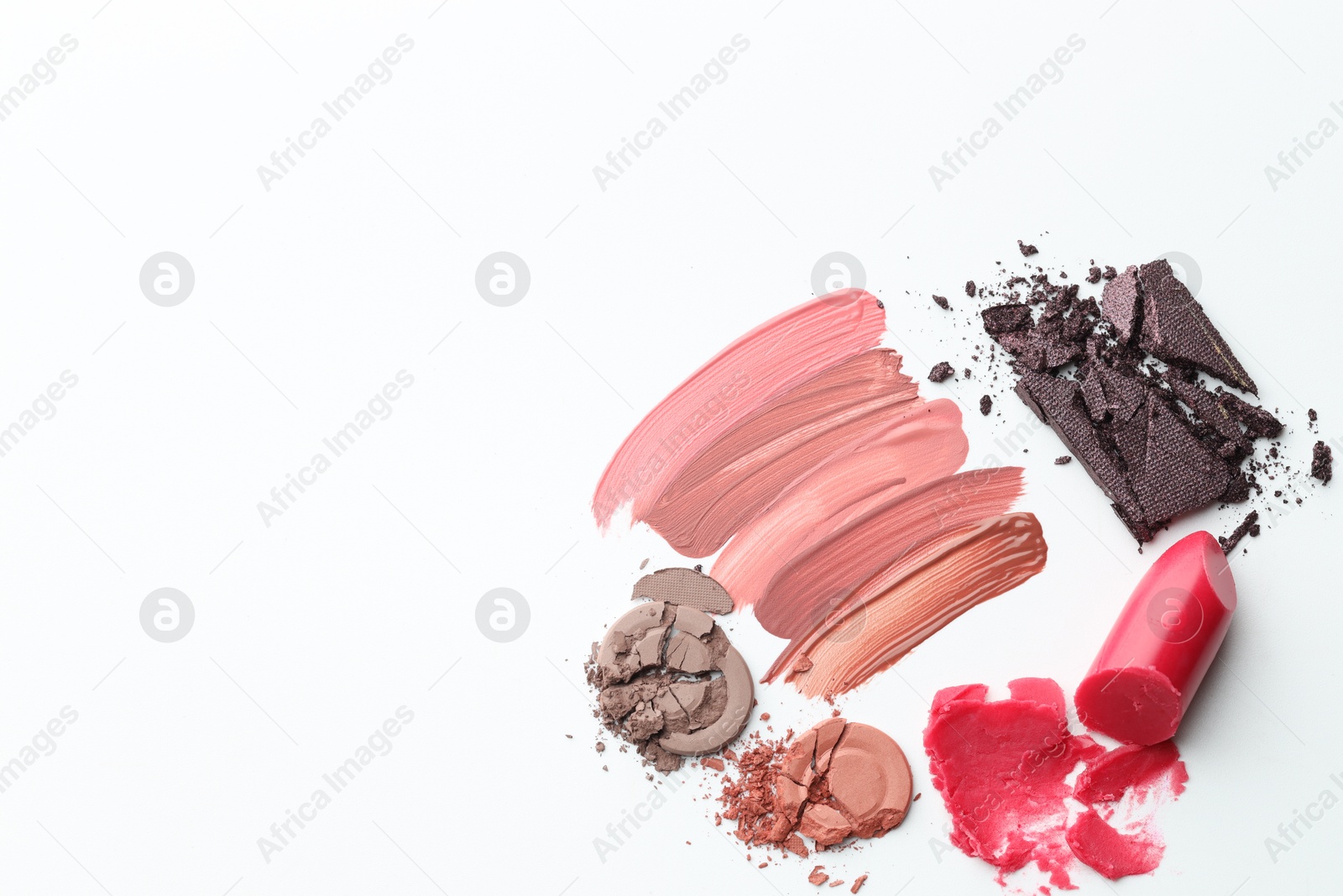 Different cosmetic products on white background, flat lay. Space for text Photo of Different cosmetic products on white background, flat lay. Space for text