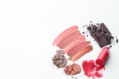 Photo of Different cosmetic products on white background, flat lay. Space for text
