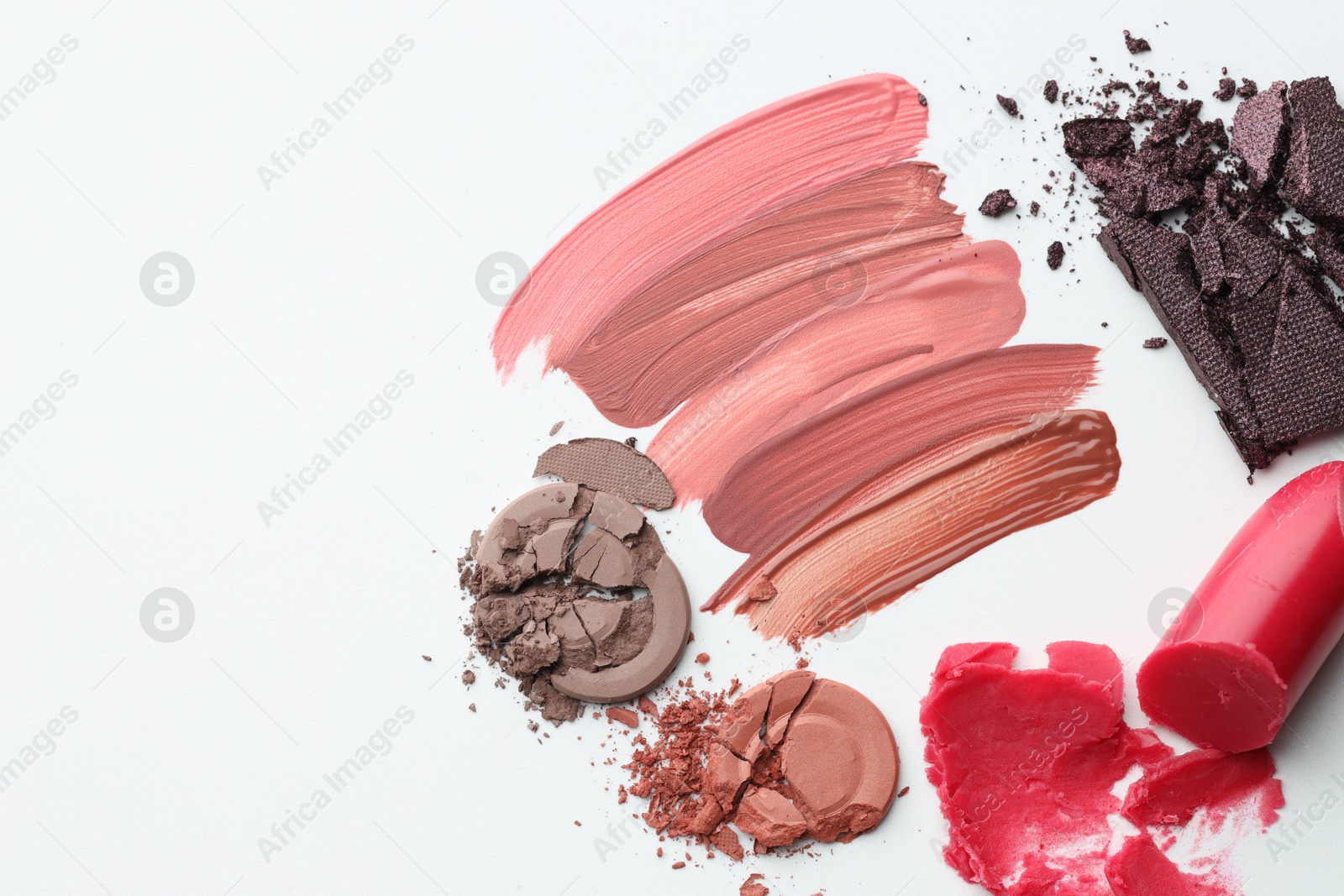 Photo of Different cosmetic products on white background, flat lay. Space for text
