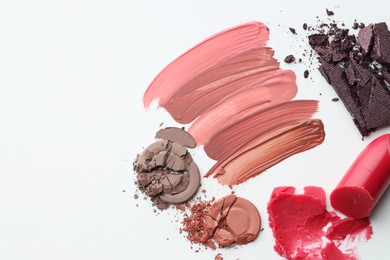 Photo of Different cosmetic products on white background, flat lay. Space for text