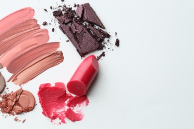 Photo of Different cosmetic products on white background, closeup. Space for text