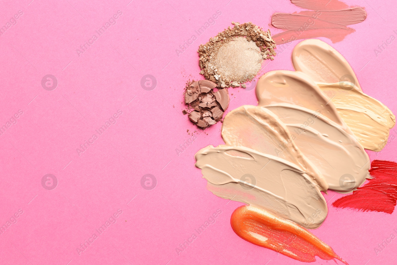 Photo of Different cosmetic products on magenta background, flat lay. Space for text