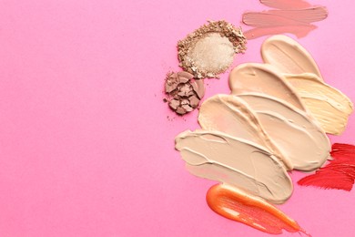 Photo of Different cosmetic products on magenta background, flat lay. Space for text