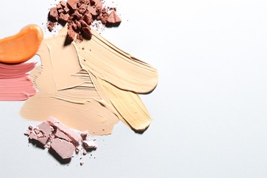 Photo of Different cosmetic products on white background, flat lay. Space for text