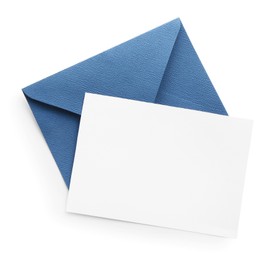 Photo of Blank invitation card and envelope isolated on white, top view. Space for design