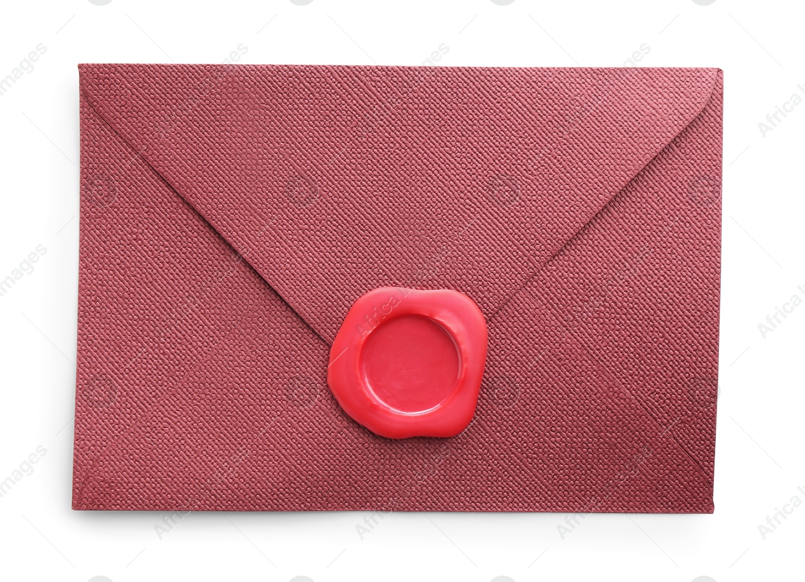Beautiful invitation envelope with wax seal isolated on white, top view Photo of Beautiful invitation envelope with wax seal isolated on white, top view