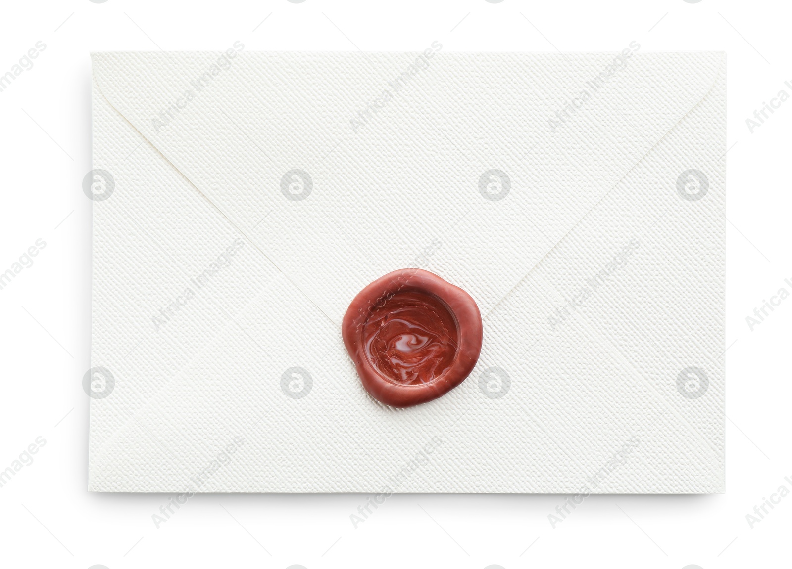 Beautiful invitation envelope with wax seal isolated on white, top view Photo of Beautiful invitation envelope with wax seal isolated on white, top view