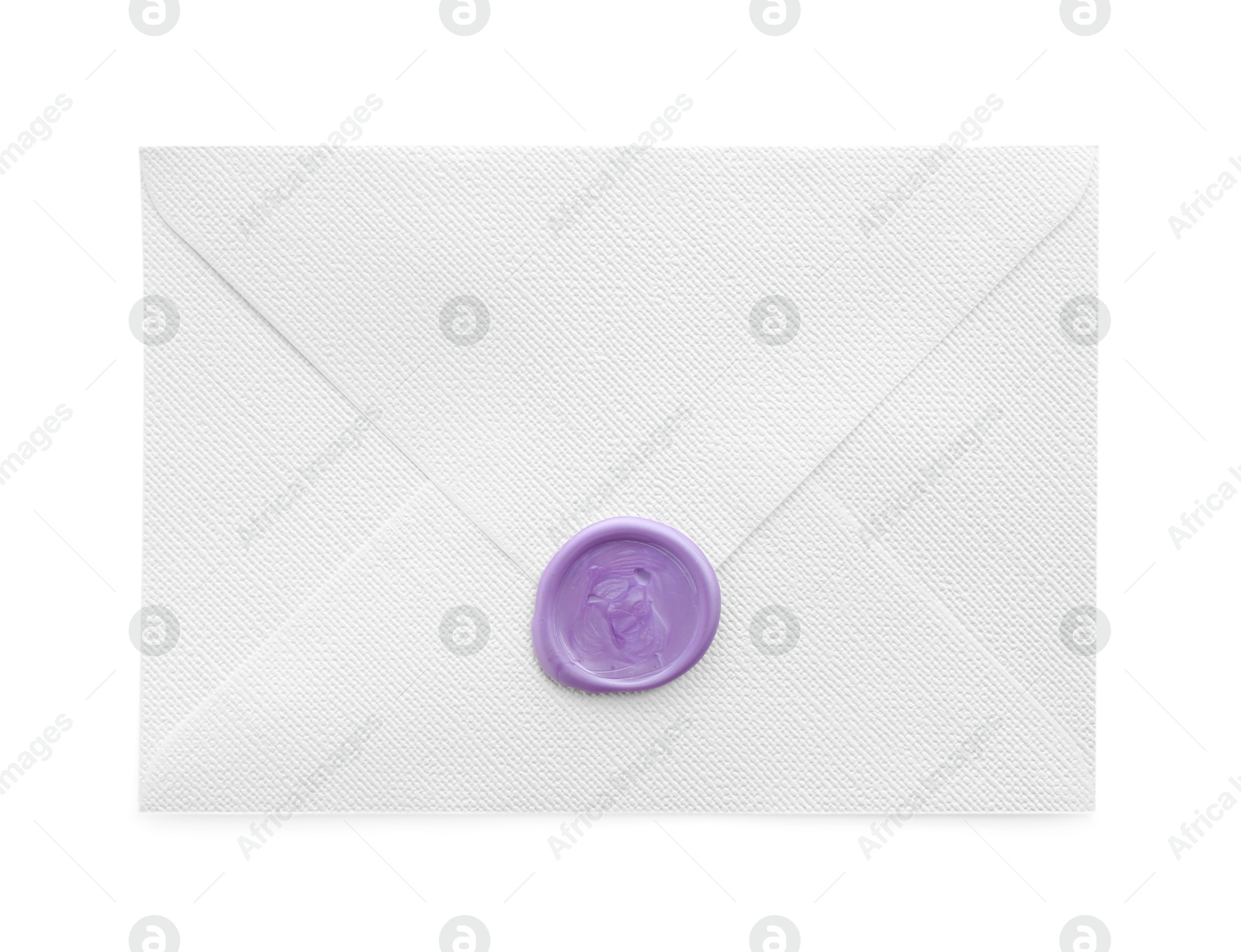 Beautiful invitation envelope with wax seal isolated on white, top view Photo of Beautiful invitation envelope with wax seal isolated on white, top view