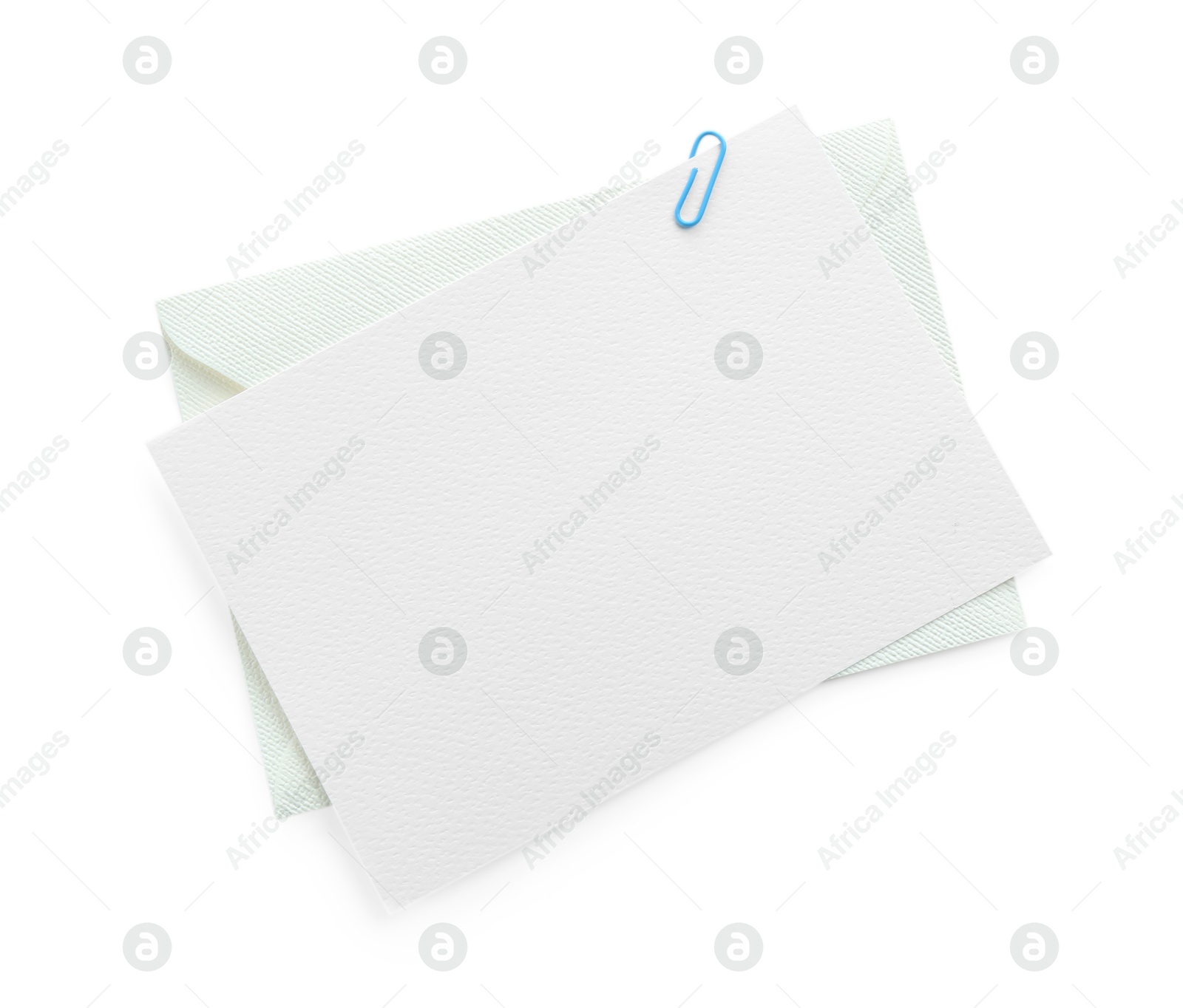 Blank invitation card and envelope isolated on white, top view. Space for design Photo of Blank invitation card and envelope isolated on white, top view. Space for design
