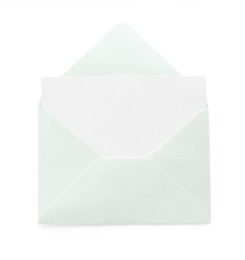 Photo of Blank invitation card and envelope isolated on white, top view. Space for design