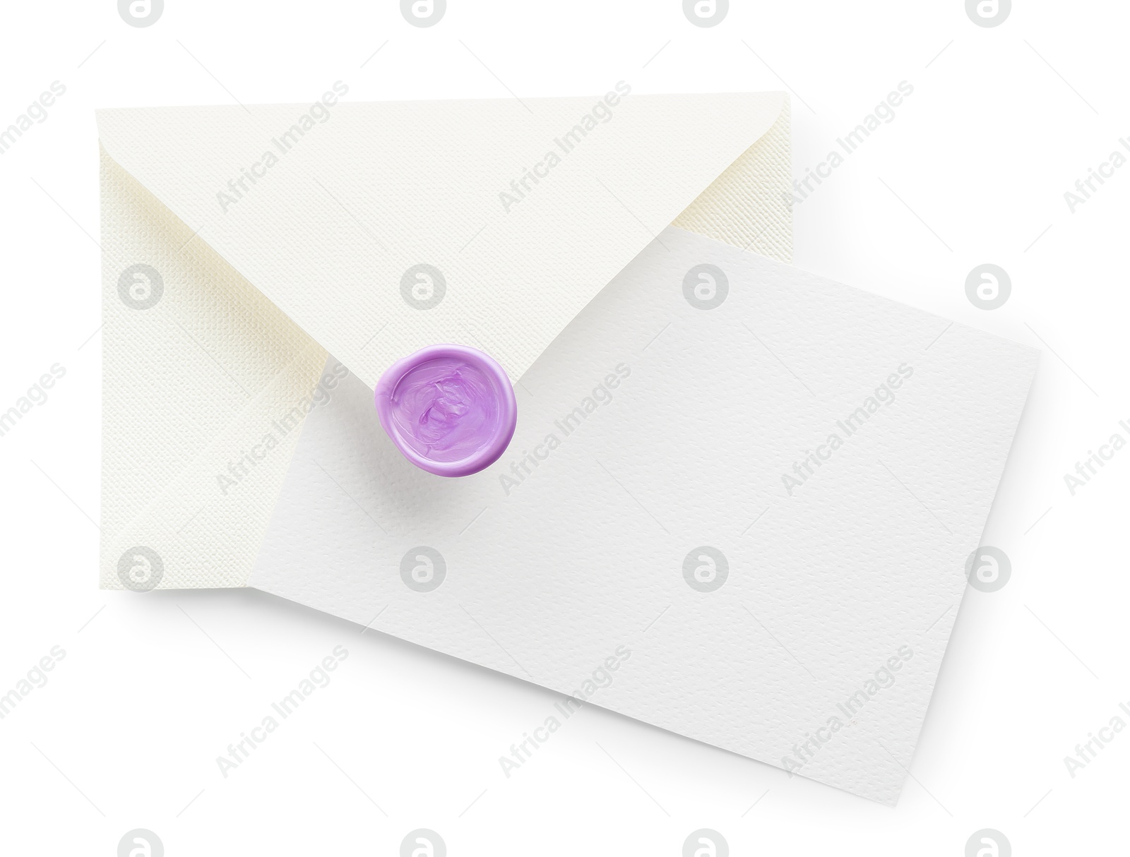 Blank invitation card and envelope isolated on white, top view. Space for design Photo of Blank invitation card and envelope isolated on white, top view. Space for design