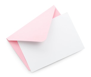 Photo of Blank invitation card and envelope isolated on white, top view. Space for design