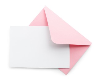 Photo of Blank invitation card and envelope isolated on white, top view. Space for design
