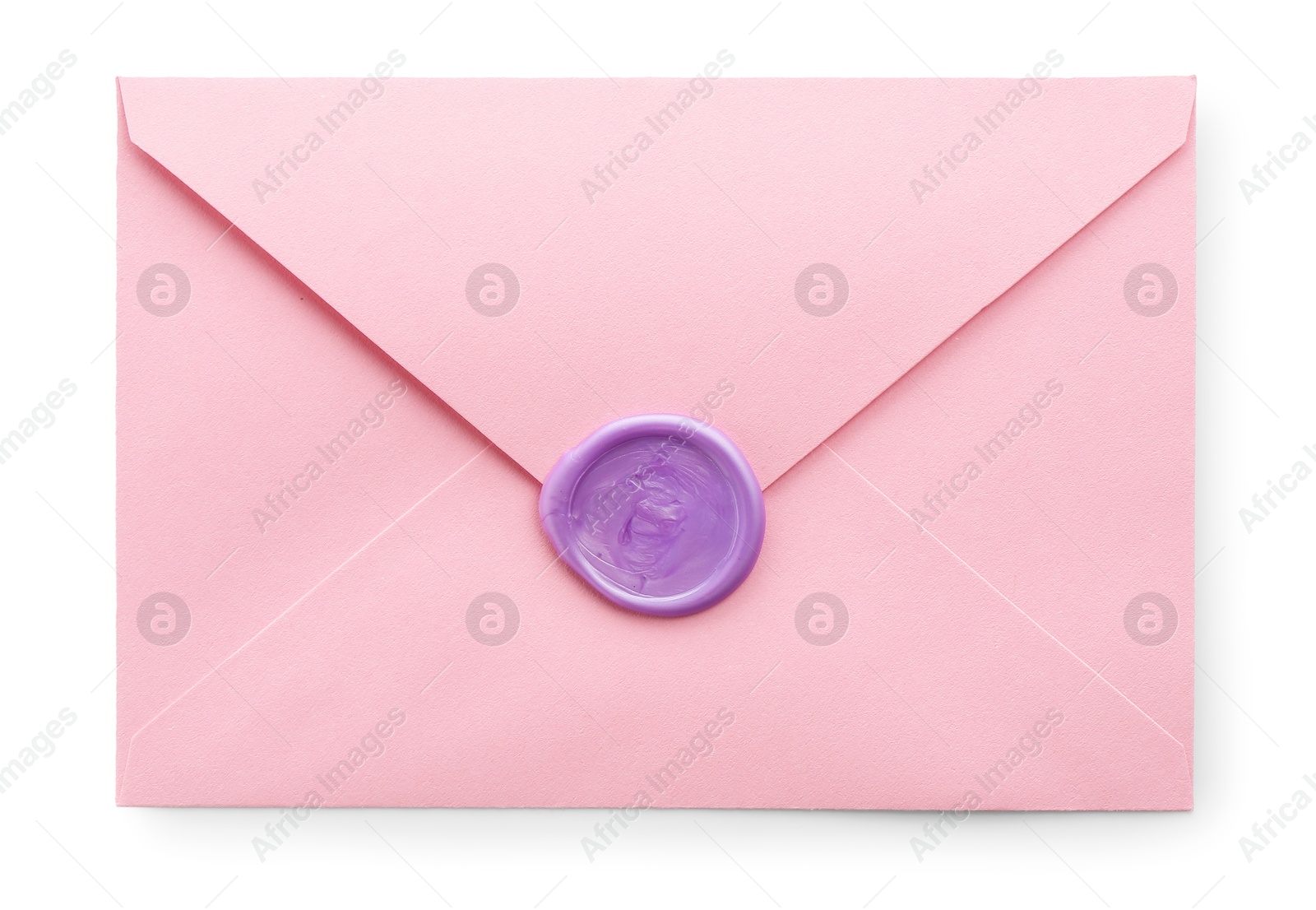 Beautiful invitation envelope with wax seal isolated on white, top view Photo of Beautiful invitation envelope with wax seal isolated on white, top view