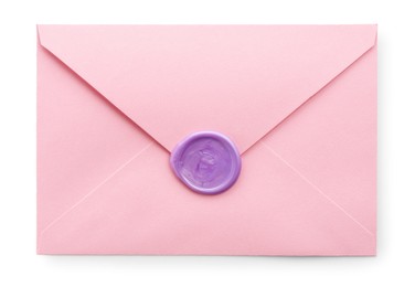 Photo of Beautiful invitation envelope with wax seal isolated on white, top view