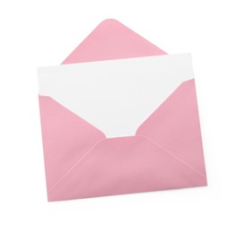 Photo of Blank invitation card and envelope isolated on white, top view. Space for design