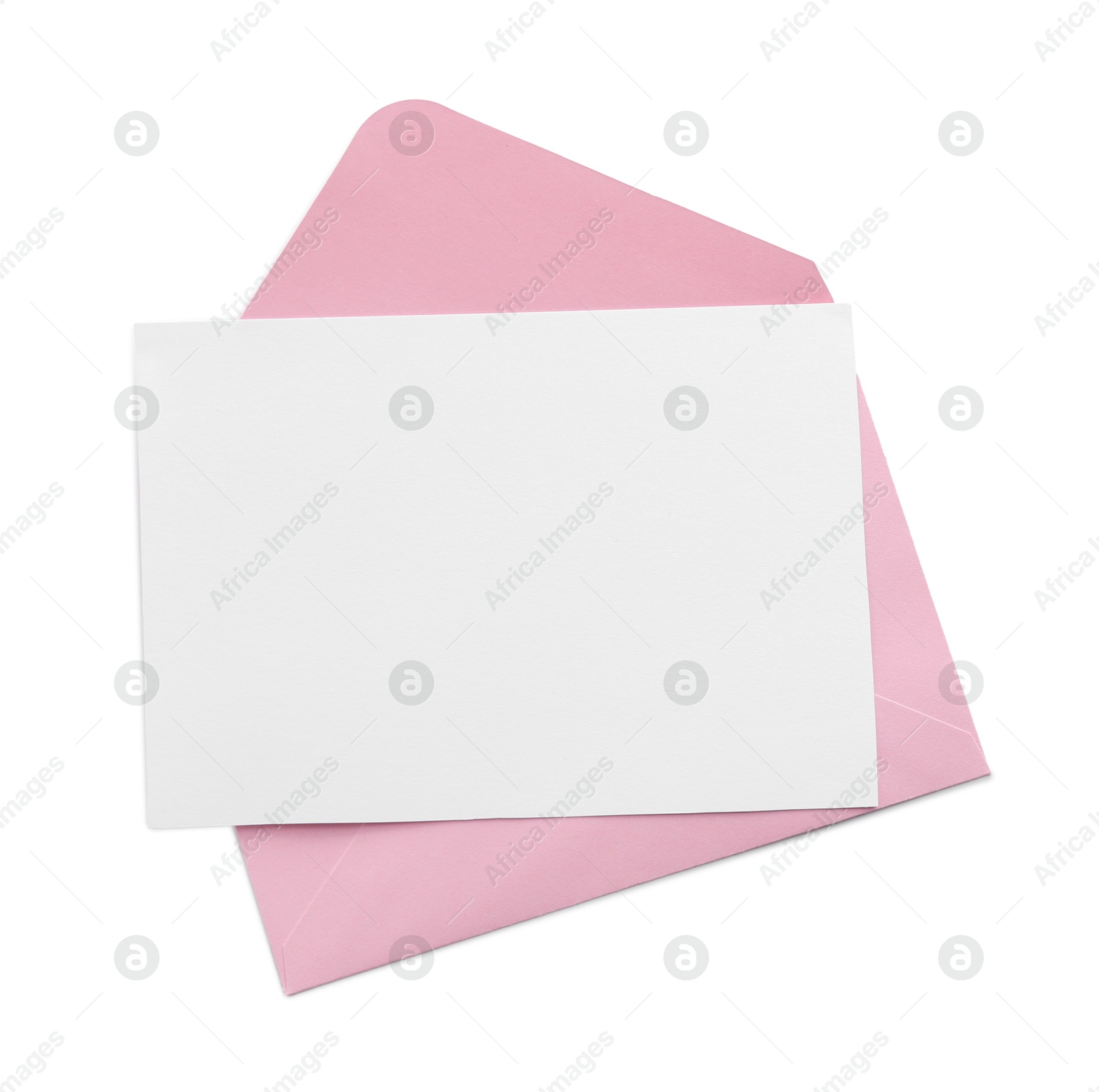 Blank invitation card and envelope isolated on white, top view. Space for design Photo of Blank invitation card and envelope isolated on white, top view. Space for design