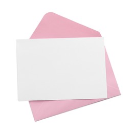 Photo of Blank invitation card and envelope isolated on white, top view. Space for design