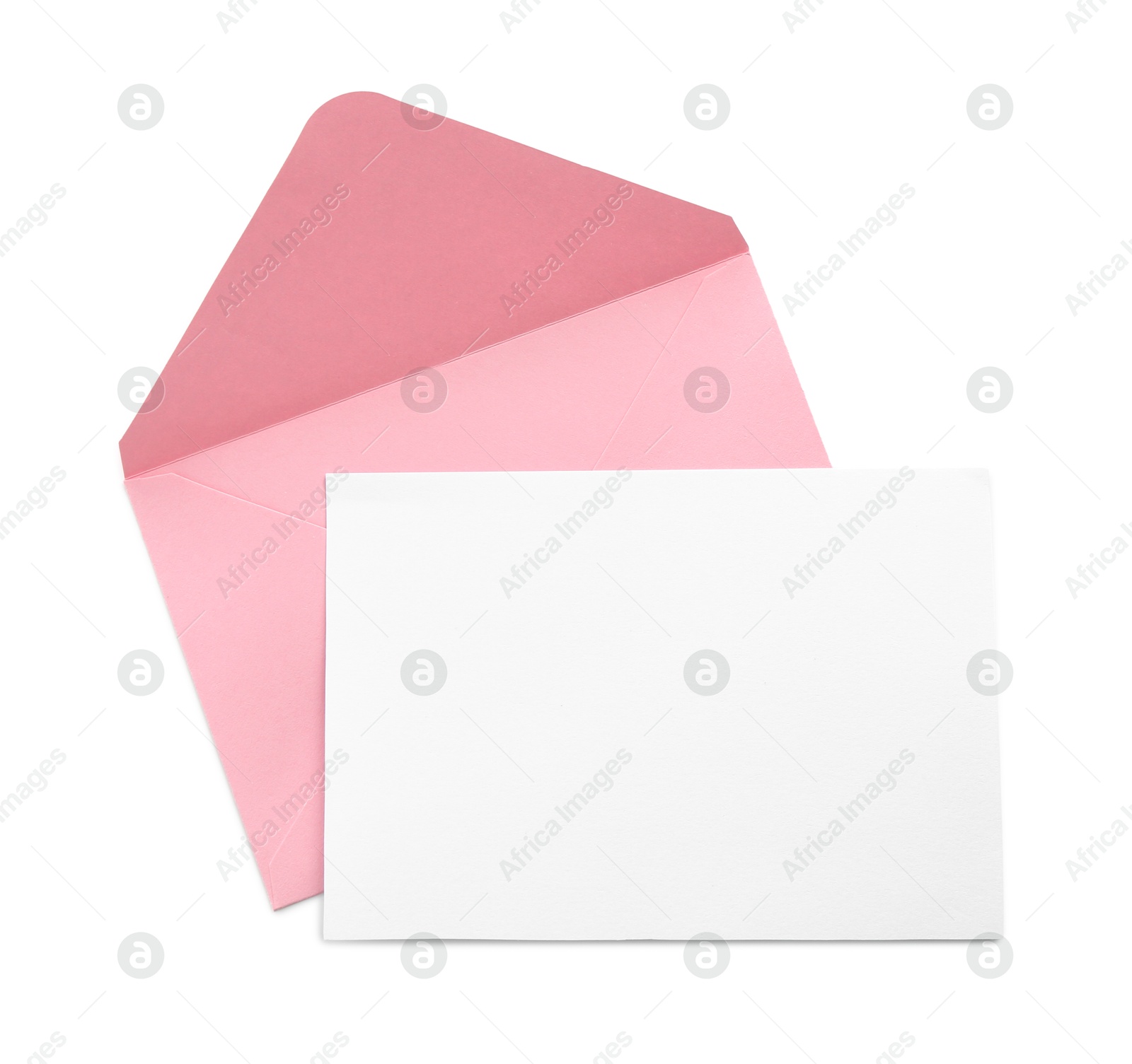 Photo of Blank invitation card and envelope isolated on white, top view. Space for design