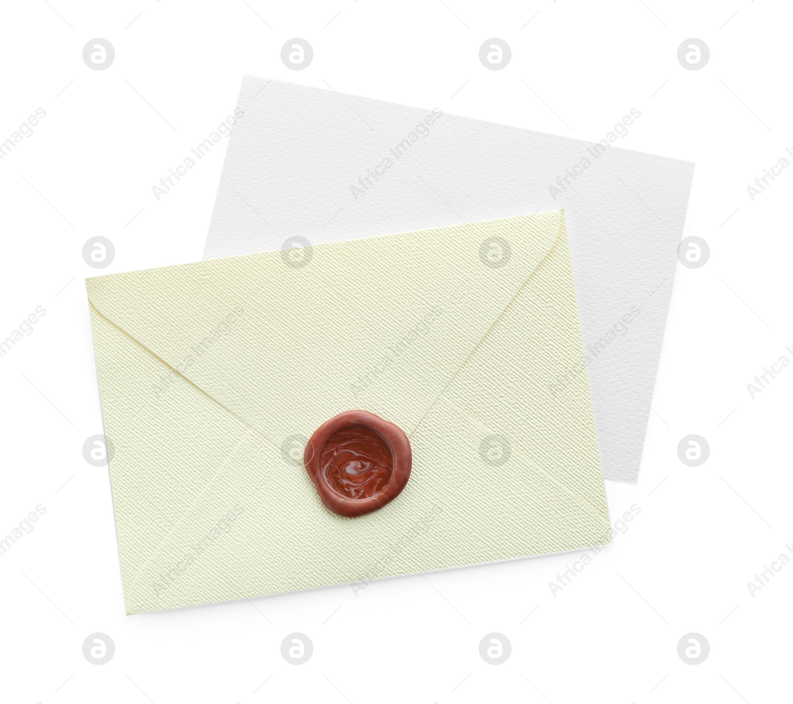 Blank invitation card and envelope isolated on white, top view. Space for design Photo of Blank invitation card and envelope isolated on white, top view. Space for design
