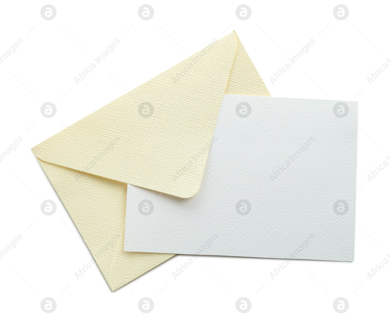 Blank invitation card and envelope isolated on white, top view. Space for design Photo of Blank invitation card and envelope isolated on white, top view. Space for design