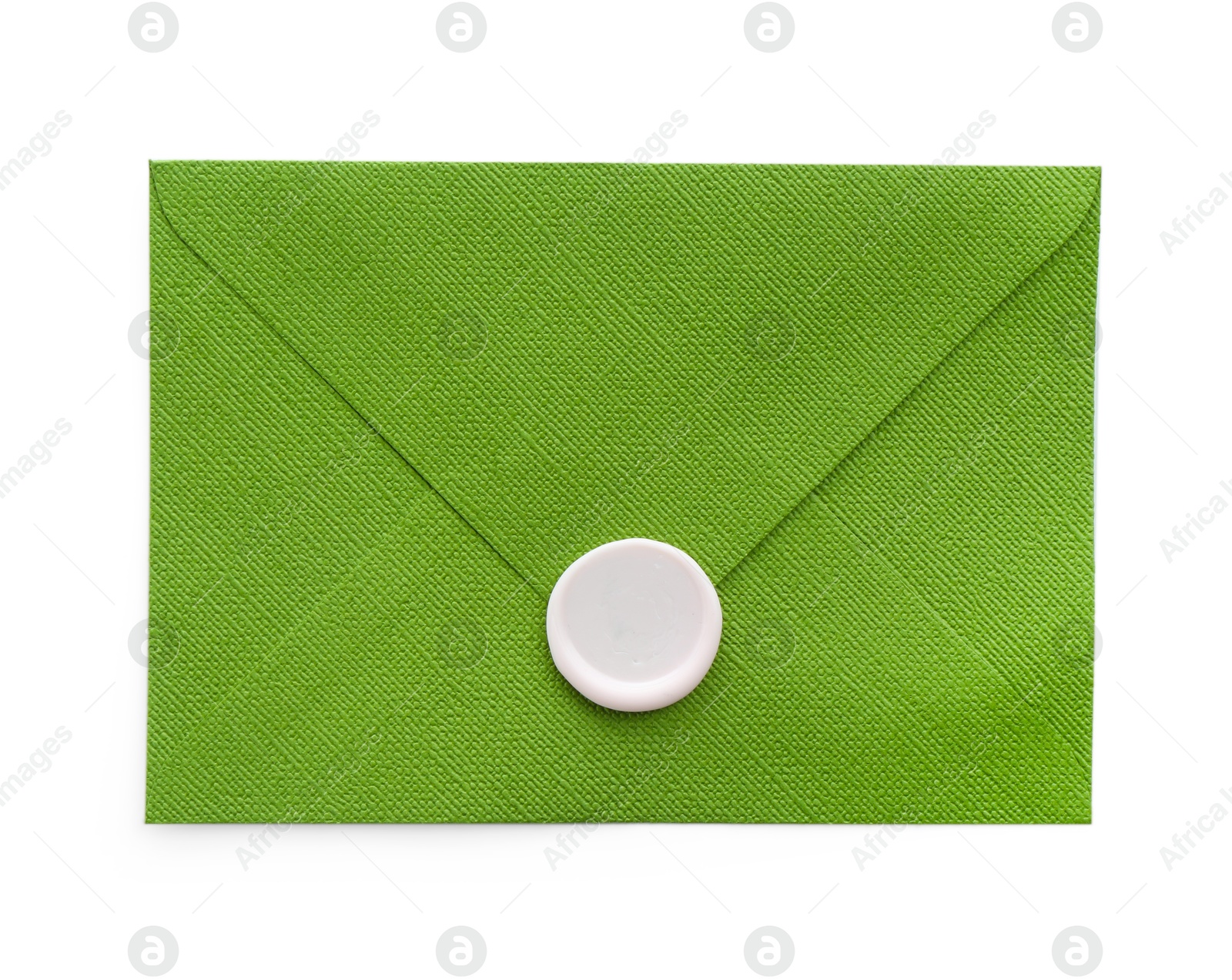 Beautiful invitation envelope with wax seal isolated on white, top view Photo of Beautiful invitation envelope with wax seal isolated on white, top view