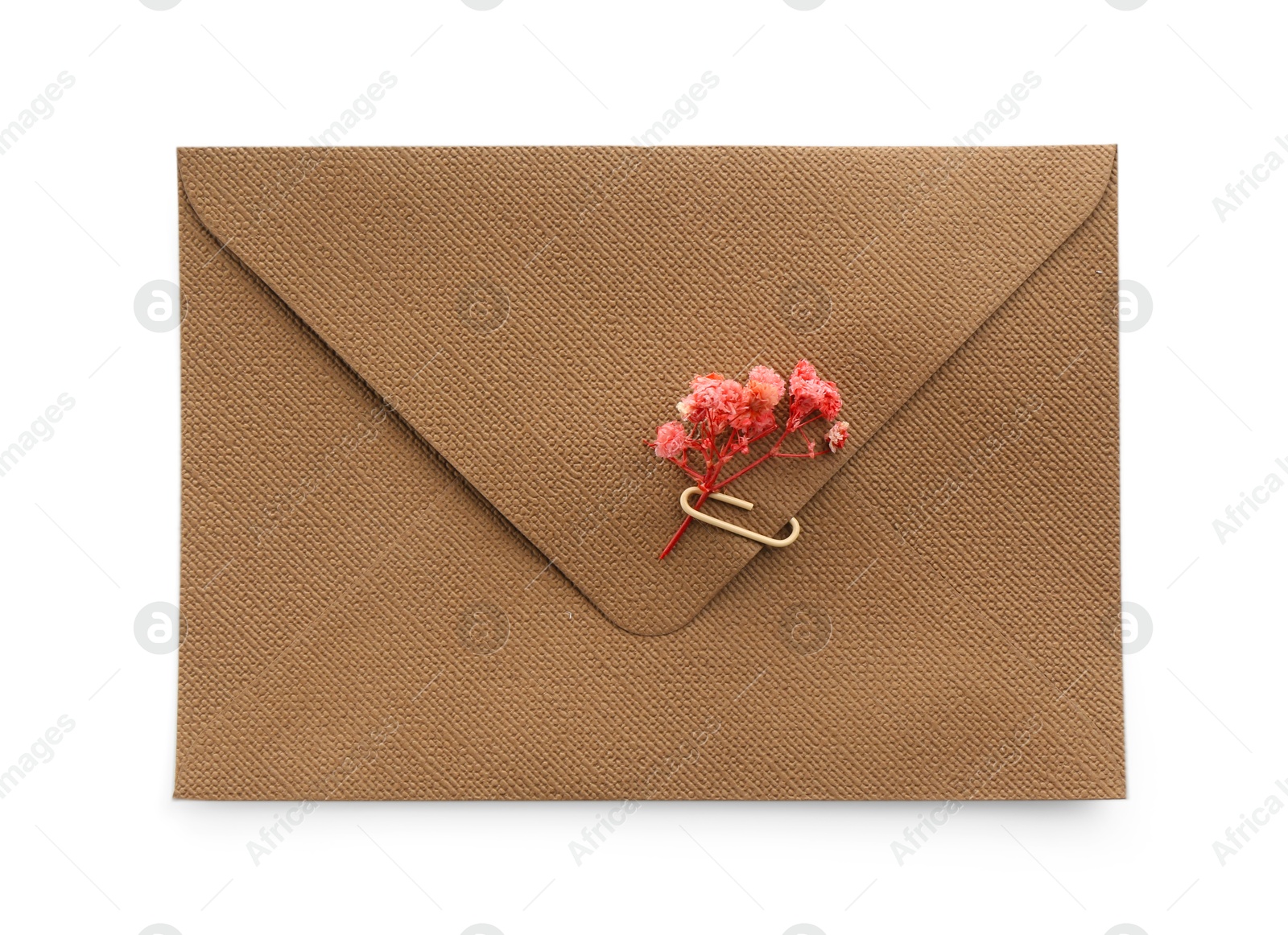 Beautiful invitation envelope with flower isolated on white, top view Photo of Beautiful invitation envelope with flower isolated on white, top view