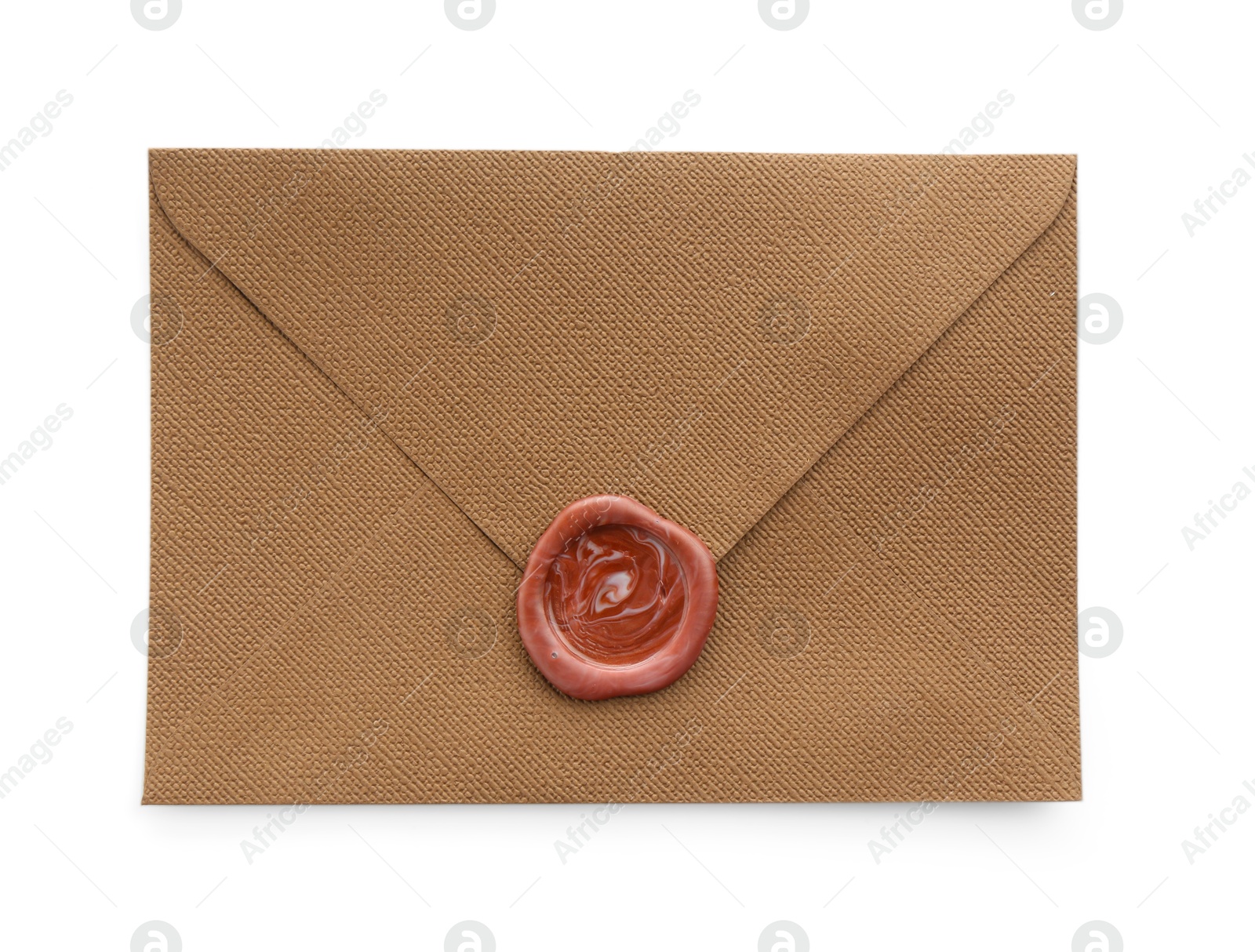 Beautiful invitation envelope with wax seal isolated on white, top view Photo of Beautiful invitation envelope with wax seal isolated on white, top view
