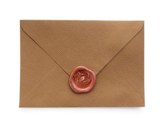 Photo of Beautiful invitation envelope with wax seal isolated on white, top view
