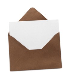 Photo of Blank invitation card and envelope isolated on white, top view. Space for design