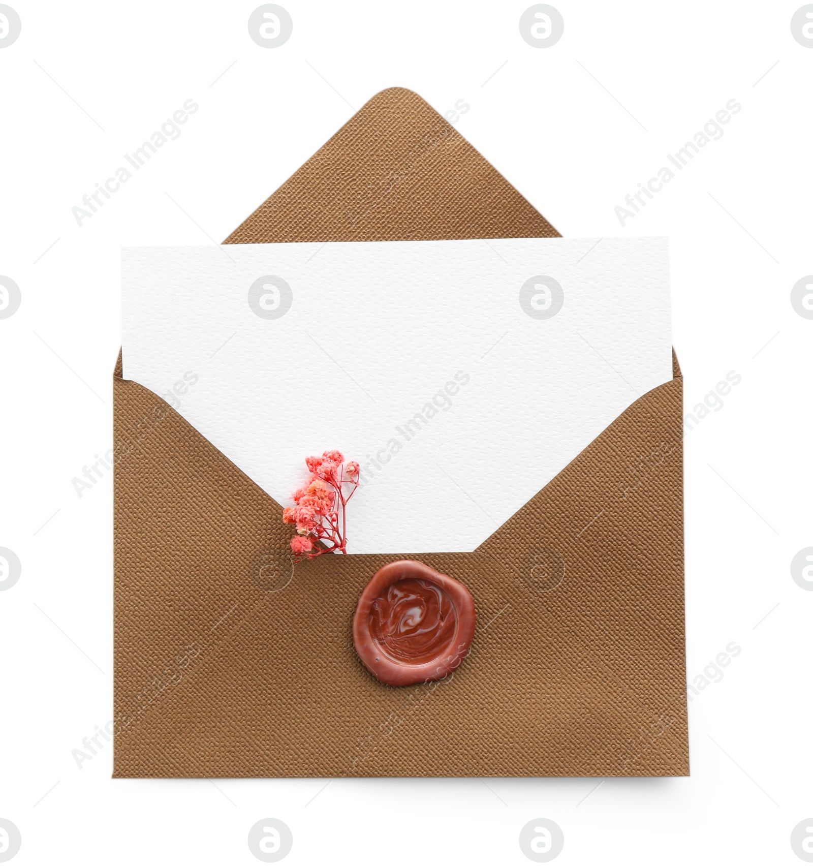 Blank invitation card and envelope with flower isolated on white, top view. Space for design Photo of Blank invitation card and envelope with flower isolated on white, top view. Space for design