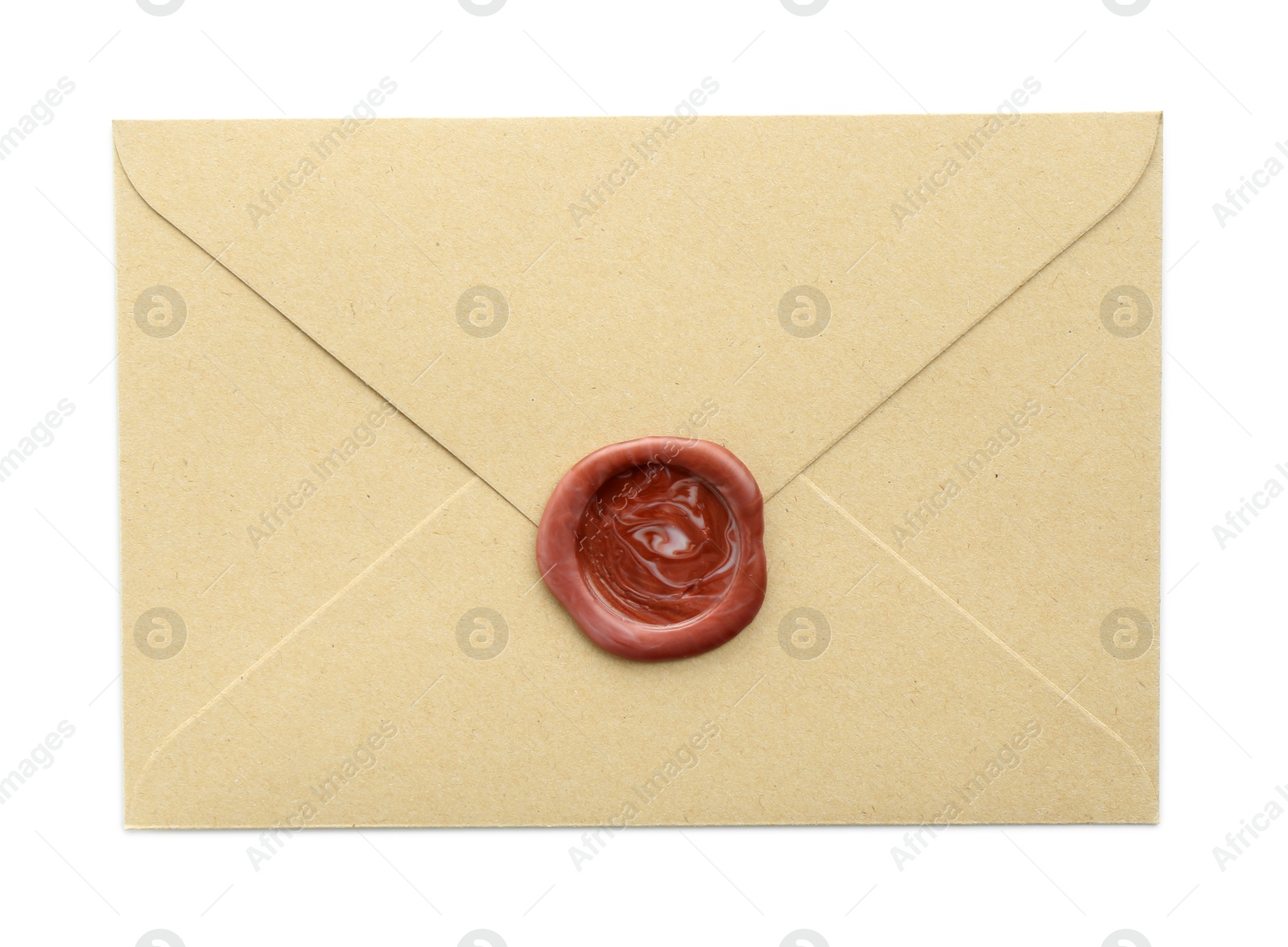 Beautiful invitation envelope with wax seal isolated on white, top view Photo of Beautiful invitation envelope with wax seal isolated on white, top view