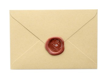 Photo of Beautiful invitation envelope with wax seal isolated on white, top view