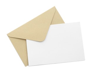 Photo of Blank invitation card and envelope isolated on white, top view. Space for design