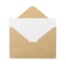 Photo of Blank invitation card and envelope isolated on white, top view. Space for design
