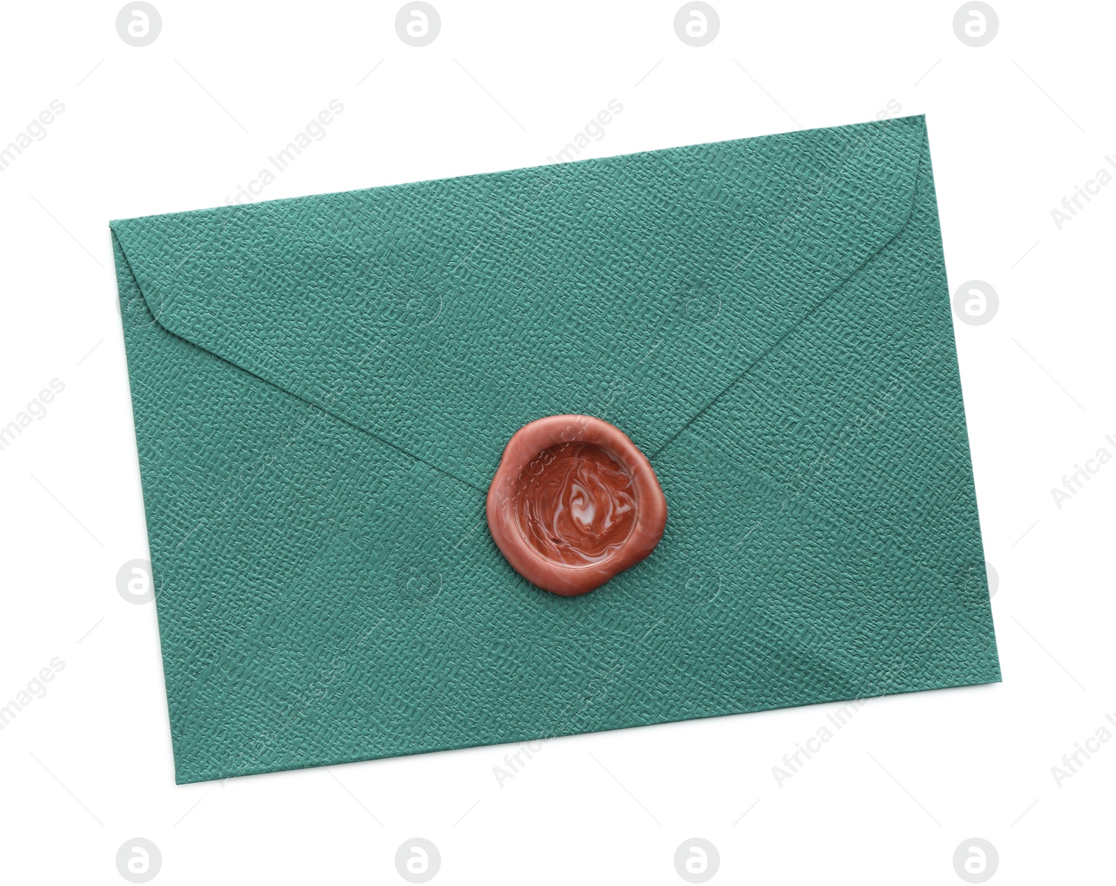 Beautiful invitation envelope with wax seal isolated on white, top view Photo of Beautiful invitation envelope with wax seal isolated on white, top view