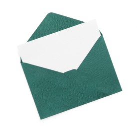 Photo of Blank invitation card and envelope isolated on white, top view. Space for design