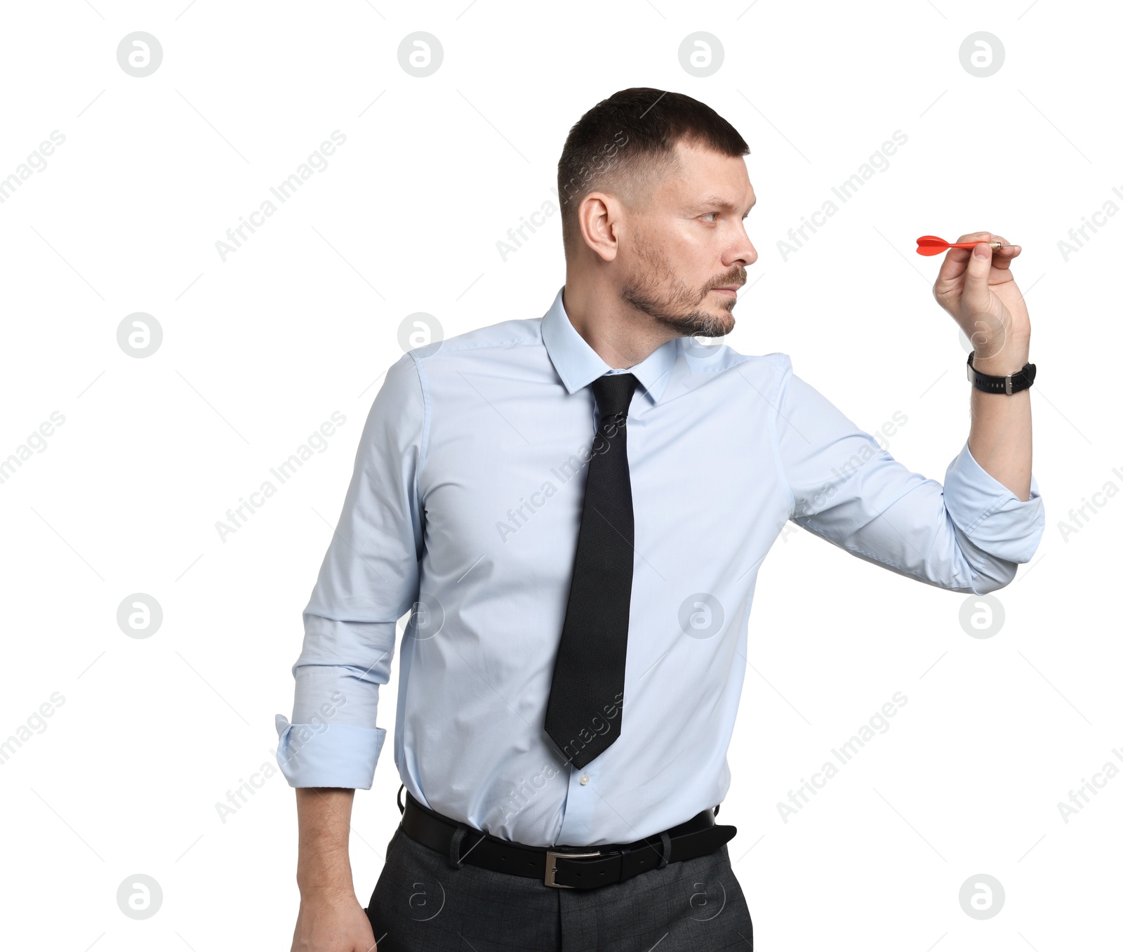 Photo of Targeting. Man with dart aiming on white background