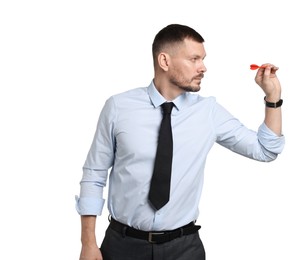 Photo of Targeting. Man with dart aiming on white background