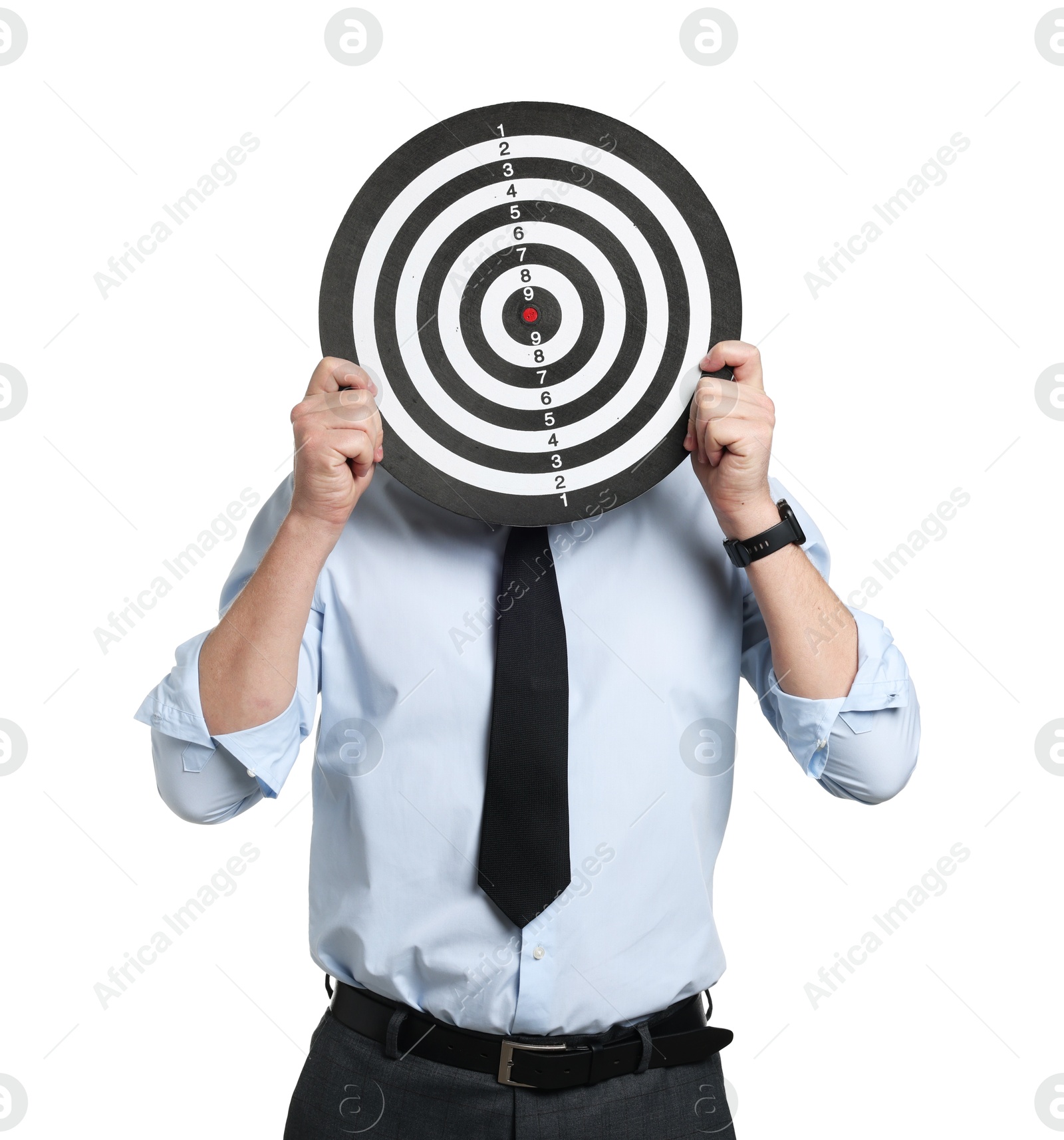 Targeting. Man with dart board on white background Photo of Targeting. Man with dart board on white background